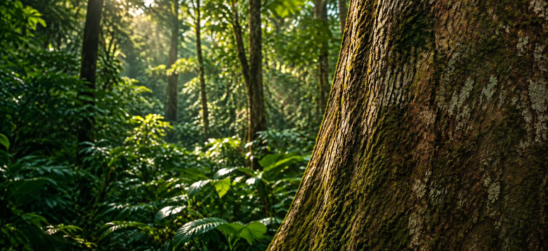 Floresta iluminada com tronco de árvore na lateral